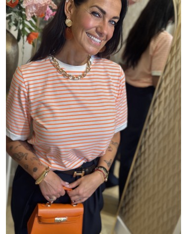 T-shirt Stripe Wit Neon Oranje
